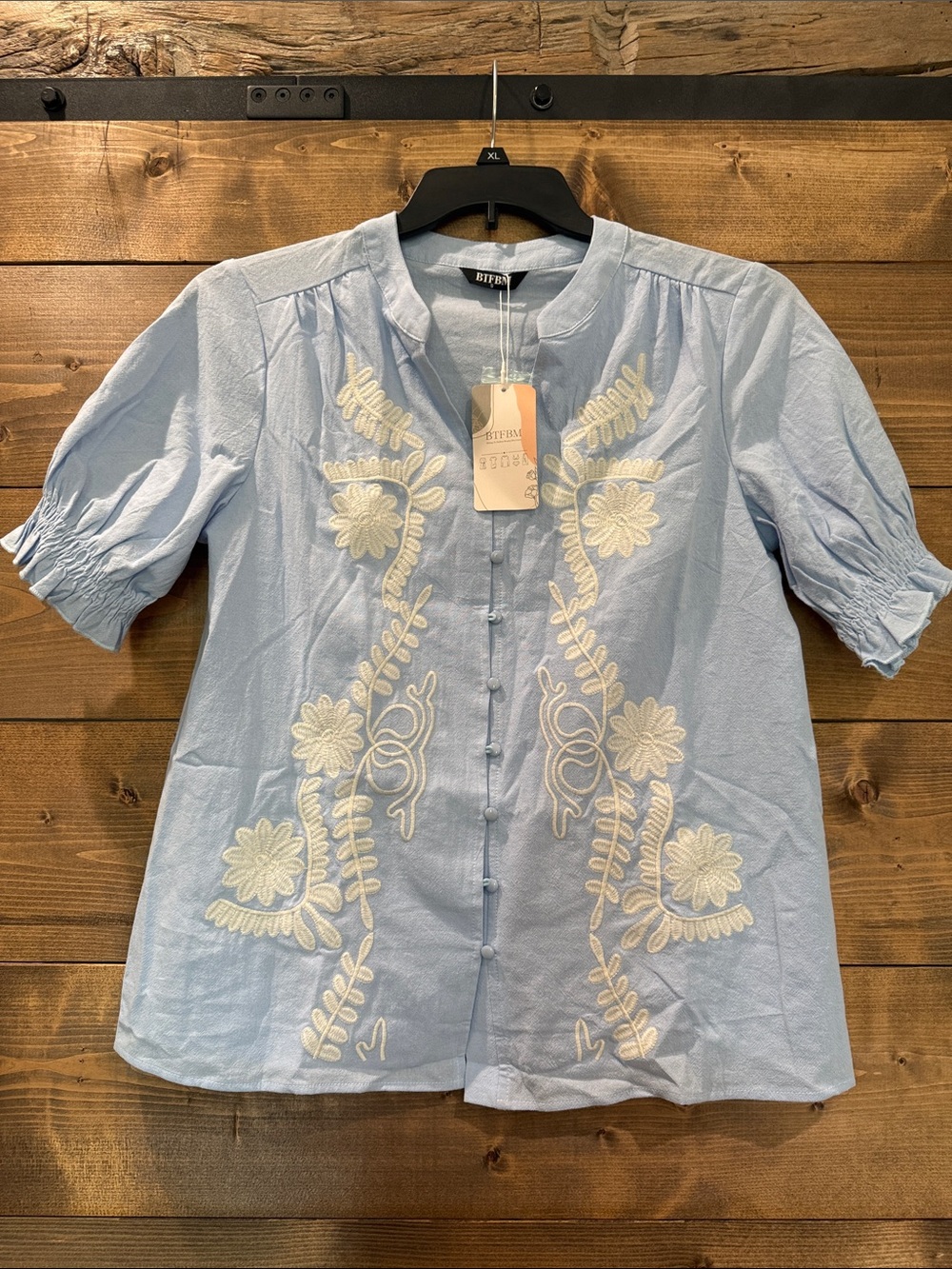 Embroidered Light Blue Button-Front Women's Top